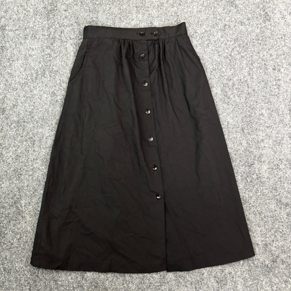 Vintage Alicia Skirt Women Black Button Front Pleated Midi Skirt Pockets 26"